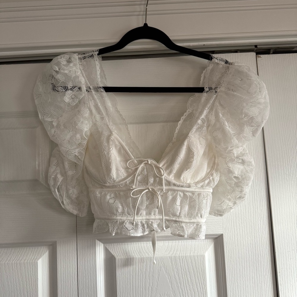 For Love And Lemons Lorena Cream Lace Puff Sleeve Blouse